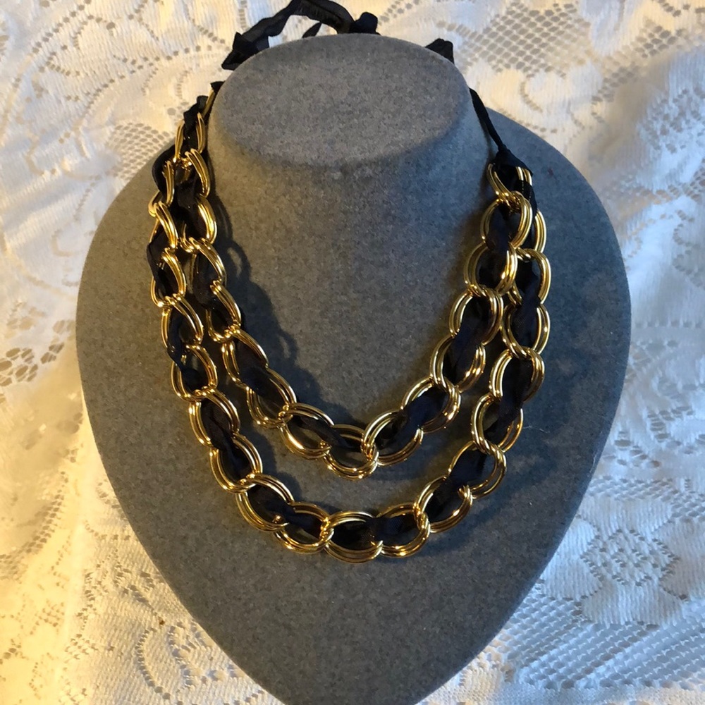Black ribbon, yellow gold-plated chain necklace